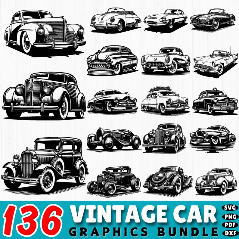 May include: A collection of 16 black and white vintage car illustrations. The image includes various classic car designs, with the text "136 VINTAGE CAR GRAPHICS BUNDLE" in the bottom center.