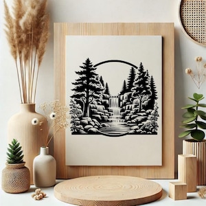 May include: Black and white illustration of a waterfall in a forest. The waterfall is surrounded by trees and rocks. The image is in a circle shape.