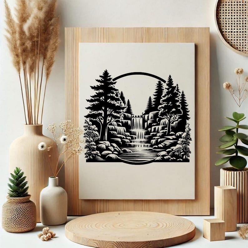 May include: Black and white illustration of a waterfall in a forest. The waterfall is surrounded by trees and rocks. The image is in a circle shape.