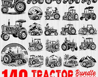 Puede incluir: Una colección de 140 archivos de diseño de tractor en blanco y negro en formato SVG, PNG y EPS. Los diseños presentan varias siluetas de tractores, incluyendo tractores tirando de arados, tractores con remolques y tractores con equipos agrícolas.