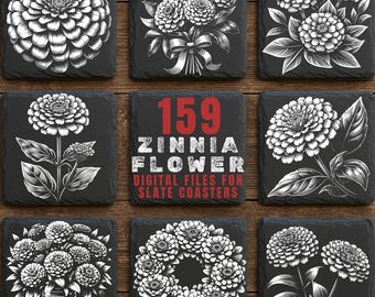 159 Zinnia Flower Slate Engraving PNG Bundle: Botanical Floral Artwork, Commercial Use Included
