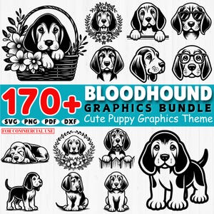 170+ Bloodhound puppy svg bundle | dog cut files for cricut | floppy ears, pet face, outline designs | dxf, png, pdf | commercial use
