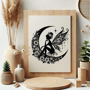 May include: Black and white silhouette of a fairy sitting on a crescent moon with floral details.