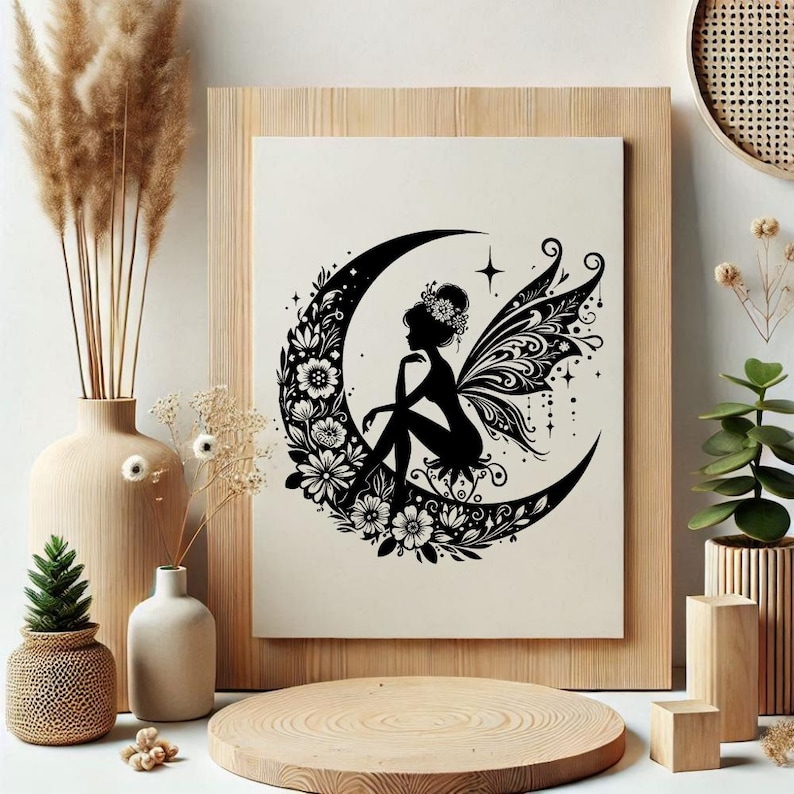 May include: Black and white silhouette of a fairy sitting on a crescent moon with floral details.