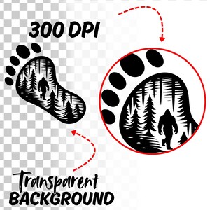 May include: Black Bigfoot footprint design with a forest scene and the text "300 DPI" and "Transparent BACKGROUND". The design includes a Bigfoot silhouette walking through a forest of trees.