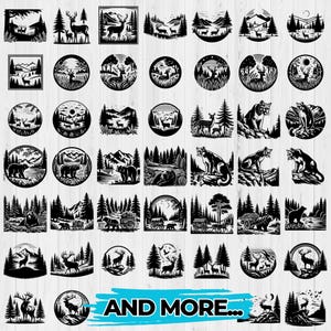 May include: A collection of 36 black and white vector illustrations featuring various wildlife and nature scenes. The illustrations include deer, mountains, trees, and other animals. The text "AND MORE..." is at the bottom of the image.