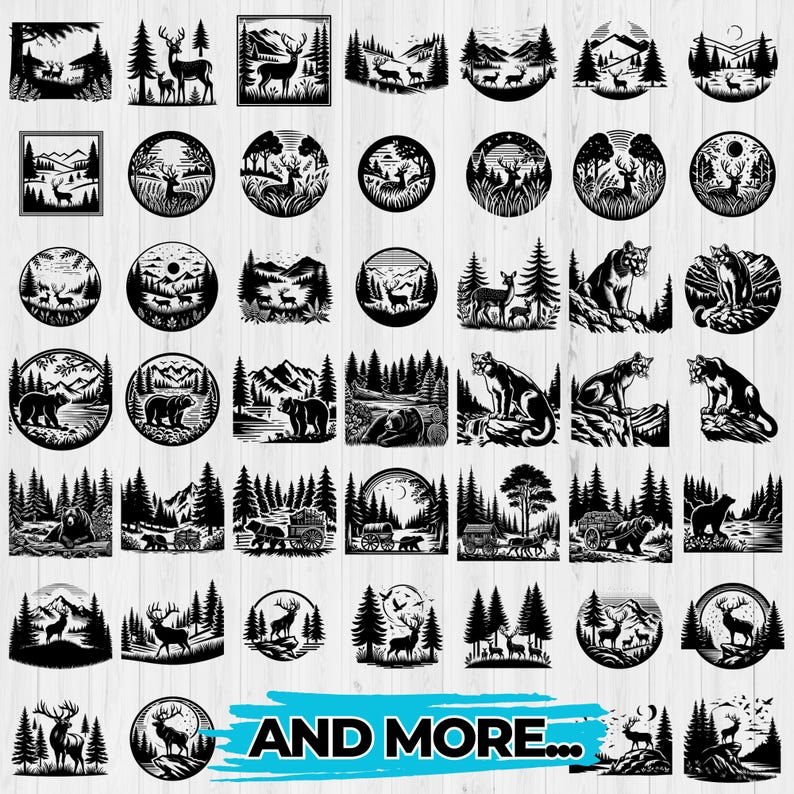 May include: A collection of 36 black and white vector illustrations featuring various wildlife and nature scenes. The illustrations include deer, mountains, trees, and other animals. The text "AND MORE..." is at the bottom of the image.