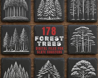Könnte beinhalten: Neun quadratische Schieferuntersetzer mit weißen Baumillustrationen. Der mittlere Untersetzer trägt den Text "178 FOREST TREES DIGITAL FILES FOR SLATE COASTERS" in Rot und Weiß. Die Untersetzer zeigen verschiedene Waldbaumdesigns.