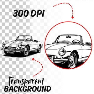 May include: Black and white illustration of a classic convertible car. The image includes the text "300 DPI" and "Transparent BACKGROUND". The car is depicted in a detailed, vintage style, with a focus on its front and side profiles.