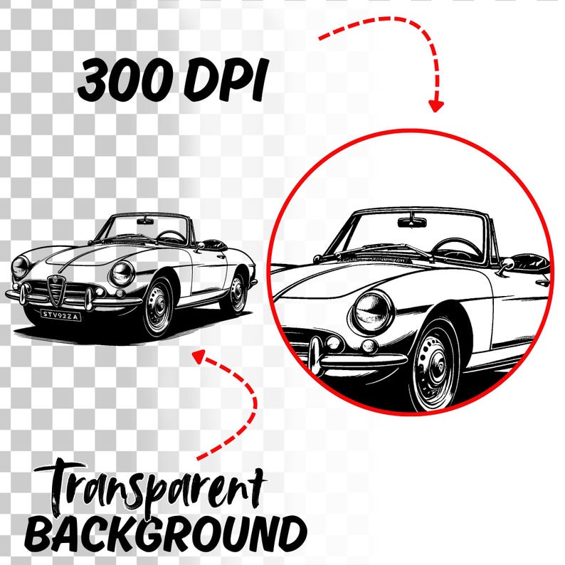 May include: Black and white illustration of a classic convertible car. The image includes the text "300 DPI" and "Transparent BACKGROUND". The car is depicted in a detailed, vintage style, with a focus on its front and side profiles.