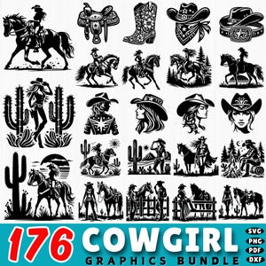 176 Cowgirl SVG Bundle | Western Girl DXF | Rodeo Hat BootS Cut Files | Country Life Cricut Design | Farm Girl Clipart | Wild West SVG