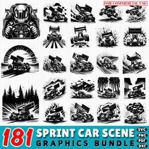 181 Sprint Car Scene SVG | Dirt Track Racing SVG Bundle | Sprint Car Dxf Cut Files | Race Car Clipart for Cricut | Motorsports SVG Pack