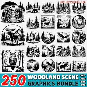 Peut inclure: Une collection de 250 graphismes de scène de forêt en noir et blanc. Les graphismes comprennent des animaux, des arbres et d'autres éléments sur le thème de la nature. Les graphismes sont parfaits pour une utilisation dans l'artisanat, le scrapbooking et d'autres projets créatifs. Le texte "FOR COMMERCIAL USE" est visible dans le coin supérieur droit de l'image.