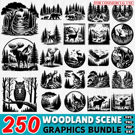 250 Woodland Scene SVG Bundle | Forest Silhouette Cut Files | Deer, Bear, Wolf, and Tree Designs | Cricut and Silhouette | Commercial Use
