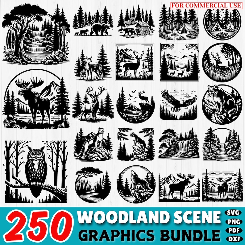 May include: A collection of 250 woodland scene graphics in black and white. The graphics include animals, trees, and other nature-themed elements. The graphics are perfect for use in crafting, scrapbooking, and other creative projects.  The text "FOR COMMERCIAL USE" is visible in the top right corner of the image.