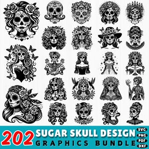 202 Sugar Skull Design SVG | Day of the Dead SVG Bundle | Calavera Cricut Cut Files | Halloween Skull DXF Clipart | Commercial Use
