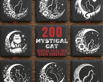201 Katze sitzt auf Schiefer Mondsichel Gravur Design: Mystische Katzenszene Digitaler Download