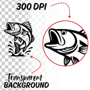 K&ouml;nnte beinhalten: Schwarz-wei&szlig;-Illustration eines Barsches, der aus dem Wasser springt. Das Bild ist auf einem transparenten Hintergrund und tr&auml;gt die Aufschrift "300 DPI" und "Transparenter Hintergrund".