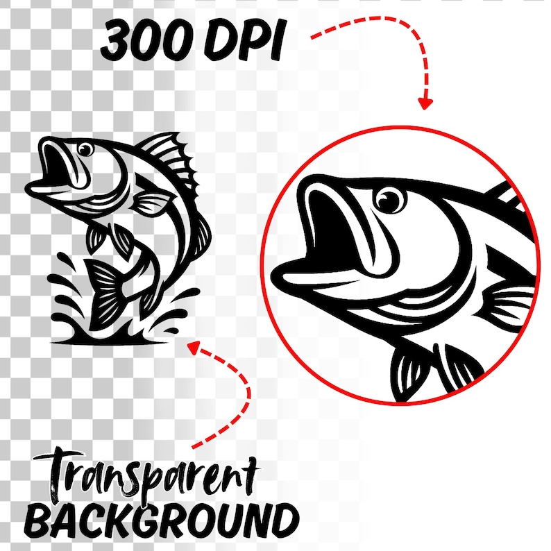 K&ouml;nnte beinhalten: Schwarz-wei&szlig;-Illustration eines Barsches, der aus dem Wasser springt. Das Bild ist auf einem transparenten Hintergrund und tr&auml;gt die Aufschrift "300 DPI" und "Transparenter Hintergrund".