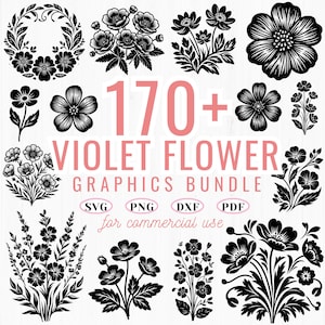 May include: A collection of black and white violet flower graphics. The image includes various floral designs, including wreaths, bouquets, and individual flower illustrations. Text in the image reads "170+ Violet Flower Graphics Bundle" with file type icons.