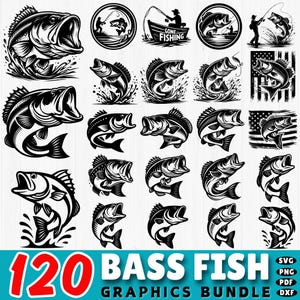 May include: A set of 120 black and white bass fish graphics in various poses. The graphics are perfect for use in crafting, scrapbooking, and other creative projects. The graphics are available in SVG, PNG, PDF, and DXF formats.
