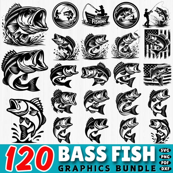 120 Bass Fish SVG Bundle | Fishing Cut Files for Cricut | Largemouth Bass, Jumping Fish, Rod & Reel Designs | Instant Download