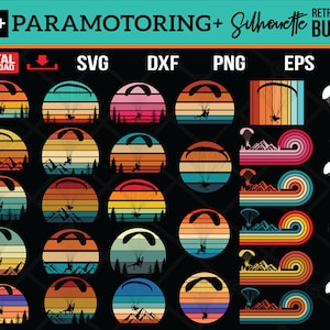 May include: A digital download bundle with 25+ paramotoring and silhouette designs in a retro sunset style. The designs depict paragliders in various settings, including mountains and forests. Available in SVG, DXF, PNG, EPS, and AI formats.
