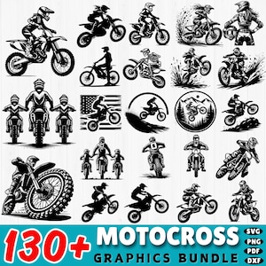 May include: A collection of 130+ black and white motocross graphics, including riders, bikes, and other designs. The graphics are perfect for use in digital projects, such as t-shirt designs, social media posts, and website graphics.