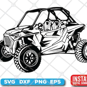 Könnte beinhalten: Schwarz-weiße Illustration eines Geländewagens mit großen Reifen und Überrollkäfig. Der Text "SVG DXF PNG EPS" befindet sich in einem blauen Rechteck und "INSTANT DIGITAL DOWNLOAD" in einem roten Rechteck.