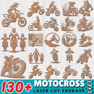 May include: A collection of 130+ motocross designs for laser cutting and engraving. The designs feature riders, bikes, and other motocross-themed elements.