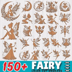 Può includere: Una collezione di disegni di fate in legno tagliati al laser in varie pose, tra cui fate su lune, in ghirlande e con farfalle. Il testo "150+ FAIRY LASER CUT ENGRAVE" è visualizzato in un riquadro turchese, insieme alle icone dei tipi di file.