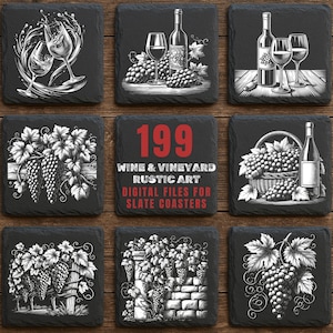 Może przedstawiać: Dziewięć czarnych podkładek z łupków z białymi ilustracjami o tematyce wina. Projekty obejmują kieliszki do wina, butelki, winogrona i tekst "199 Wine & Vineyard Rustic Art Digital Files for Slate Coasters."