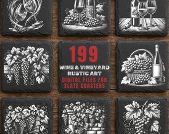 Könnte beinhalten: Neun schwarze Schieferuntersetzer mit weißen Illustrationen zum Thema Wein. Designs umfassen Weingläser, Flaschen, Trauben und den Text "199 Wine & Vineyard Rustic Art Digital Files for Slate Coasters."