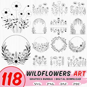 118 Wildflowers SVG bundle| botanical floral field cut files | Name Monogram Frames svg png | Daisies, Tulips, Roses, Spring Flower Border