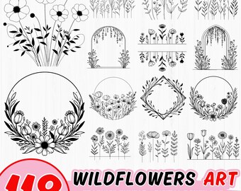 Pacote de arquivos SVG de flores silvestres: 118 arquivos de corte florais, molduras para monogramas (download digital)