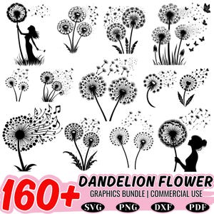May include: A collection of black and white dandelion flower graphics. The image includes various illustrations of dandelions, some with musical notes and butterflies. Text reads "160+ Dandelion Flower Graphics Bundle | Commercial Use" with file type icons.