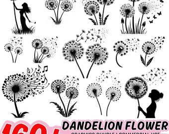 Könnte beinhalten: Eine Sammlung von schwarz-weißen Grafiken von Löwenzahnblüten. Das Bild enthält verschiedene Illustrationen von Löwenzahnpflanzen, einige mit Noten und Schmetterlingen. Der Text lautet "160+ Dandelion Flower Graphics Bundle | Commercial Use" mit Dateityp-Symbolen.