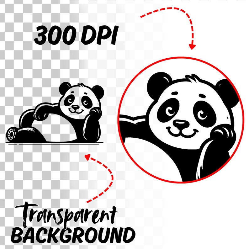 May include: A black and white panda bear illustration, featuring the text "300 DPI" and "Transparent BACKGROUND". The panda is shown in two poses: reclining and a close-up within a red circle. The image is designed for digital applications.