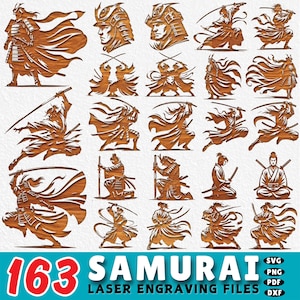 May include: A collection of 24 laser engraving files featuring samurai warriors in various action poses. The designs are rendered in a warm, wood-grain texture, with each figure wielding a katana. The text "163 SAMURAI LASER ENGRAVING FILES" is displayed in the lower portion.