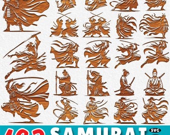 163 samoerai lasergravure SVG-bundel: katanazwaard, harnas, Japanse krijger CNC-bestanden (commercieel gebruik)