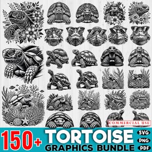 Peut inclure: Un ensemble de graphiques de tortues en noir et blanc. Les images présentent diverses illustrations de tortues, certaines avec des lunettes de soleil et des détails floraux. Le texte "150+ TORTOISE GRAPHICS BUNDLE" est affiché en rouge et blanc.