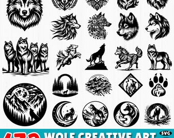 Lot loup art SVG : dessins tribaux abstraits, usage commercial