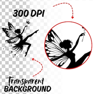 May include: Black silhouette of a fairy with wings, holding a flower. The image has a transparent background and the text "300 DPI" and "Transparent Background" are visible.