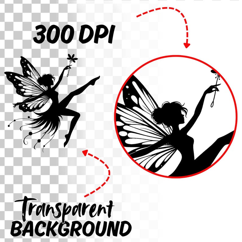 May include: Black silhouette of a fairy with wings, holding a flower. The image has a transparent background and the text "300 DPI" and "Transparent Background" are visible.