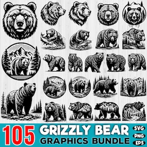Laser Cut Bundle SVG | 105 Grizzly Bear Graphics Bundle | CNC Files | Engraving SVG Design | Laser Huge Bundle | Engraved downloads