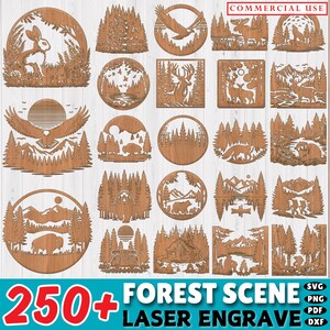 May include: A collection of over 250 forest scene laser cut designs. The designs feature various woodland animals, trees, and landscapes. The designs are perfect for creating unique home decor, gifts, and crafts.