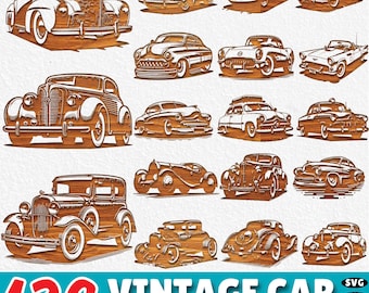 May include: A collection of 16 vintage car illustrations in a woodcut style. The cars are in various classic designs, with a brown and white color scheme. The image includes the text "136 VINTAGE CAR LASER CUT ENGRAVE".
