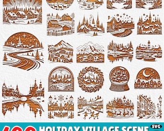 160 Holiday Village Scene Laser Engraving SVG Bundle: Winter Town Laser Cut Files, Christmas Houses CNC Design (Commercial Use)