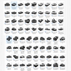 May include: Collection of classic car illustrations, including models like the 1955 Ford Thunderbird, 1957 Chevrolet Bel Air, and 1960 Chevrolet Impala. Each car is labeled with its year and model.