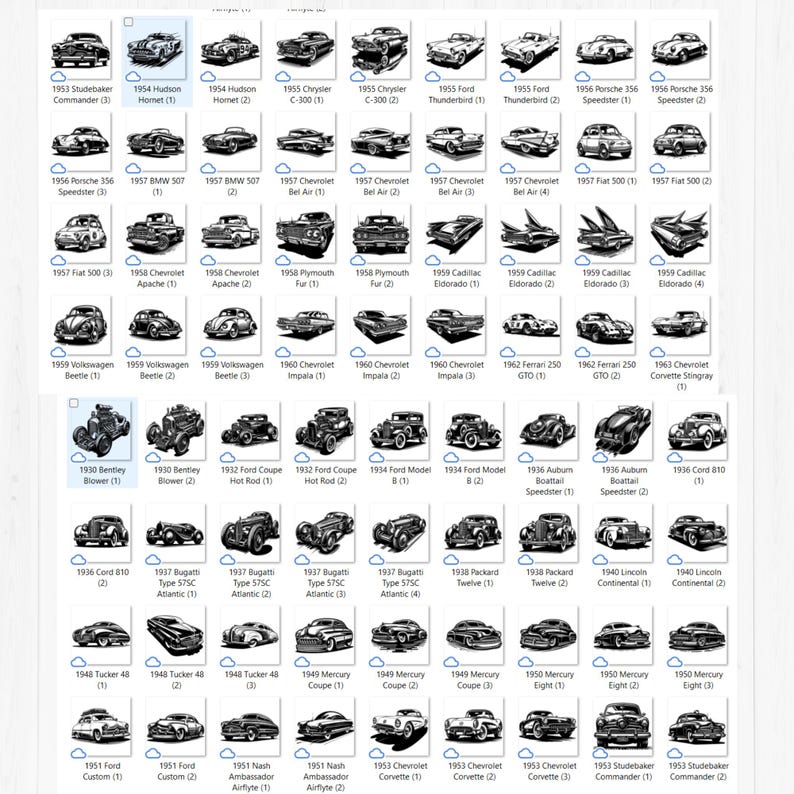 May include: Collection of classic car illustrations, including models like the 1955 Ford Thunderbird, 1957 Chevrolet Bel Air, and 1960 Chevrolet Impala. Each car is labeled with its year and model.